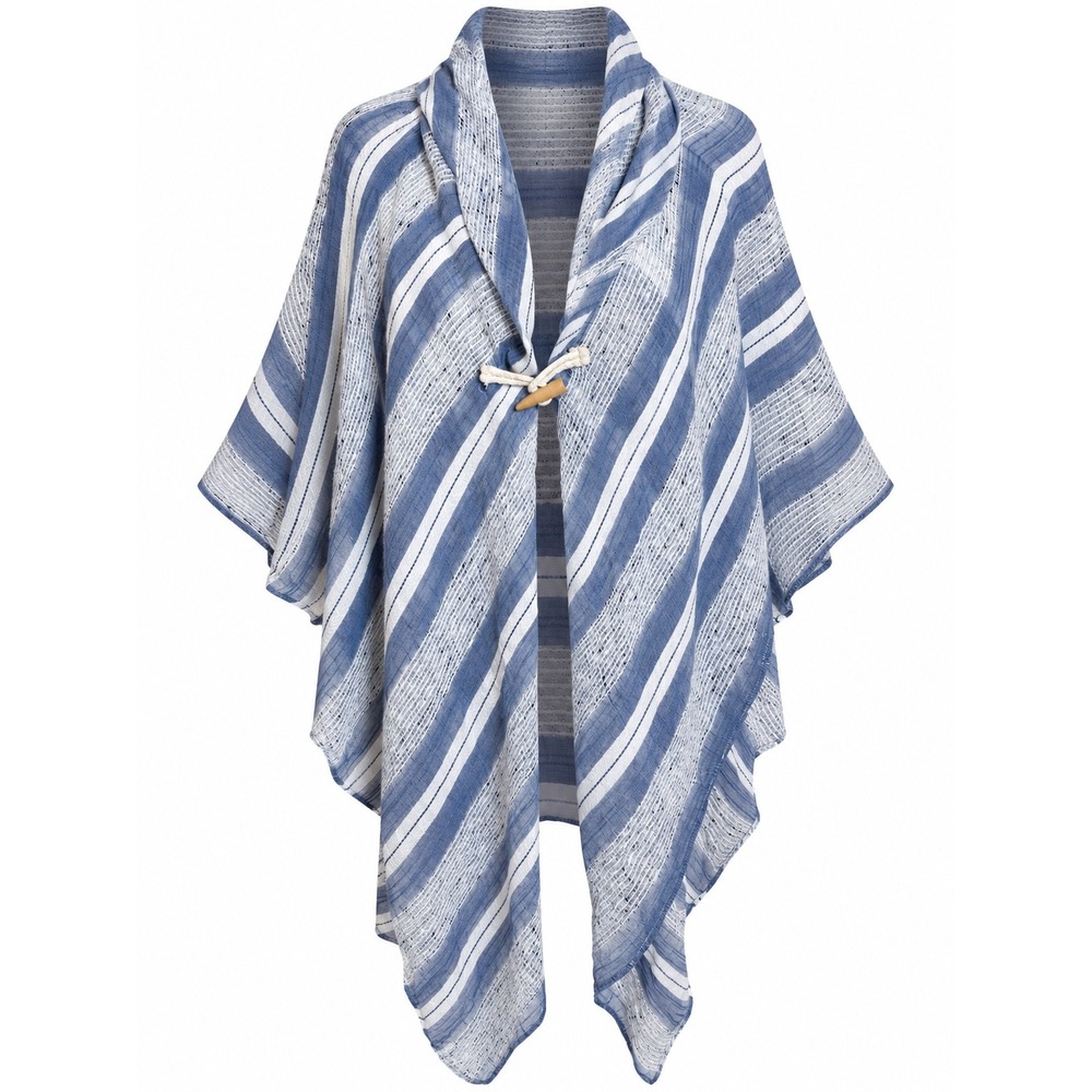 CASUAL BOHO Double Layer Striped One Button Front Closure Shawl/Wrap/ Poncho